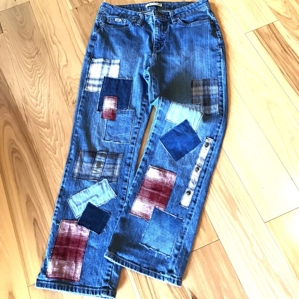 Upcycled Flannel Patchwork Jeans, Distressed Denim & Plaid Patches, Size 10P - Picture 11 of 12